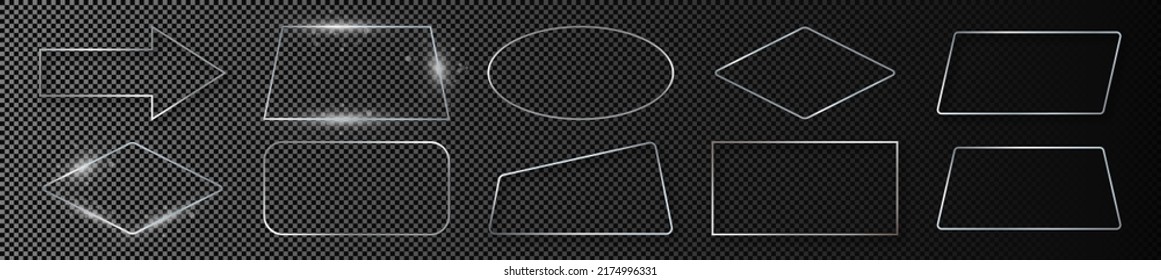 Set of ten silver glowing different geometric shape frames isolated on dark transparent background. Shiny frame with glowing effects. Vector illustration