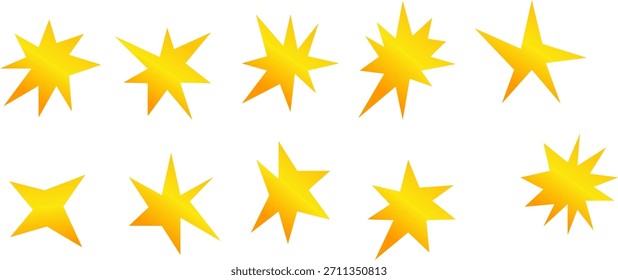 A set of ten simple yellow and orange starburst shapes in various styles, ideal as clip art, icons, or design elements.