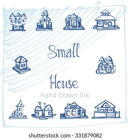 set of ten small hand drawn stylized houses