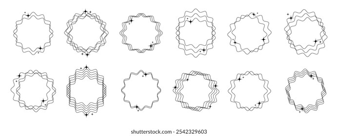 Set of ten sparkling wavy circular frames creating elegant decorative elements. Vector illustration