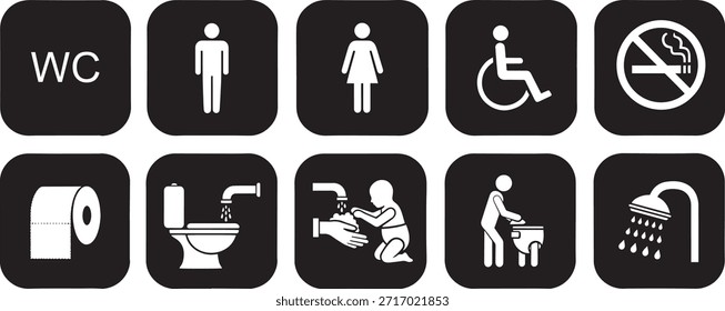 Un conjunto de diez iconos cuadrados con pictogramas blancos sobre un fondo negro, que representan varias instalaciones públicas como WC, baños masculinos y femeninos, acceso para discapacitados, no fumar, papel higiénico, fregadero, etc.