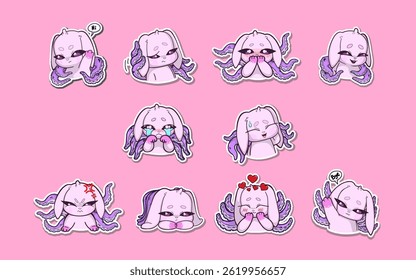 A set of ten stickers featuring a pink bunny with octopus tentacles growing from its back, each expressing a different emotion or gesture
