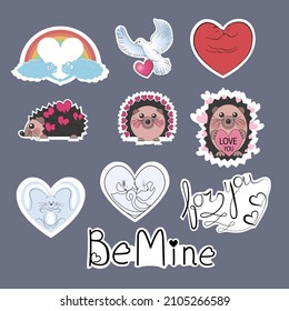 Set of ten stickers for Valentine's Day. Drawings of hearts, cats, hedgehogs, dove, bunny, rainbow and lettering. Stock vector illustration isolated on gray background