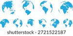 Set of ten stylized blue earth globe icons displaying various rotation angles and perspectives symbolizing worldwide connection and global communication concepts against a clean white background ideal for design projects.