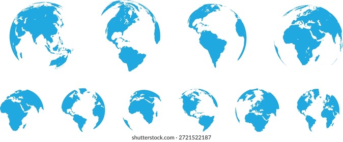 Set von zehn stilisierten blauen Erdkugelsymbolen mit verschiedenen Drehwinkeln und Perspektiven, die weltweite Verbindungs- und globale Kommunikationskonzepte symbolisieren, auf reinweißem Hintergrund, ideal für Designprojekte.