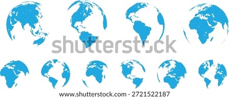 Set of ten stylized blue earth globe icons displaying various rotation angles and perspectives symbolizing worldwide connection and global communication concepts against a clean white background ideal for design projects.