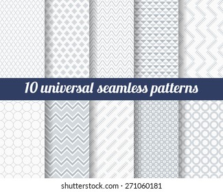 Set of ten subtle seamless patterns. Classic monochrome textures. Gray colors. Vector illustration.