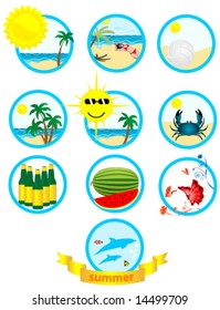 Set of ten summer illustrations in blue circles