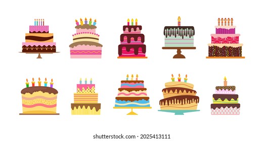 Set of ten sweet birthday cakes with burning candles. Colorful holiday dessert. Vector illustration