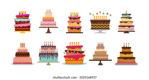 Set of ten sweet birthday cakes with burning candles. Colorful holiday dessert. Vector illustration