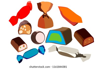 A set of ten sweets, different shapes of colors and ingredients