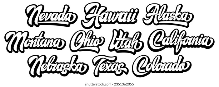 Set of ten templates of different American states. Calligraphic stylish lettering for design.