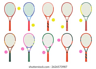 Conjunto de dez raquetes de tênis de diferentes cores e padrões. Equipamento desportivo e bolas para tênis em fundo branco isolado.