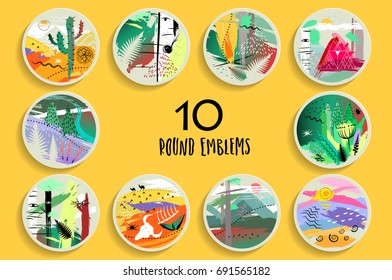 Set of ten trendy round hand drawn emblems of nature, landscapes on yellow background. Concept for logo, labels, prints, advertising, touristic brochure, cards.