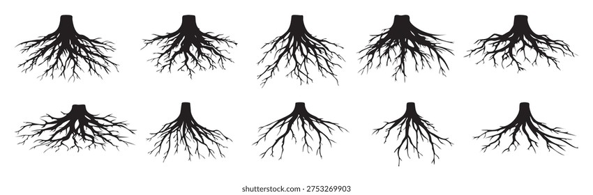 A set of ten unique black silhouettes depicting various tree roots systems spreading outwards from a central stump. This vector graphic is ideal for illustrating growth concepts, nature, and organic structures.