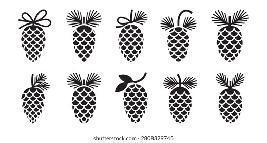 Set of ten unique pinecone symbols showing variations in scales and seasonal botanical embellishments.
