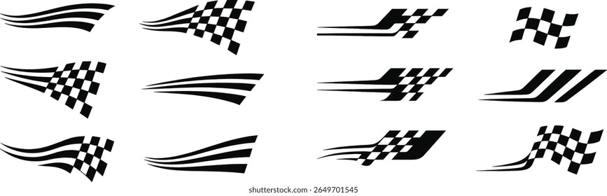 Um conjunto de dez designs únicos de bandeira de corrida mostra diferentes padrões e fluxos. Os elementos em preto e branco criam uma sensação de movimento e emoção, ideal para temas de esportes motorizados.