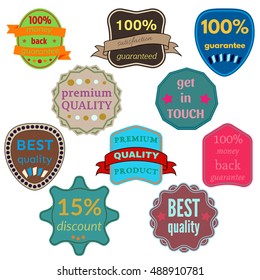 Set of Ten Vector Badges with Ribbons. Web stickers and labels. Isolated vector illustration.
