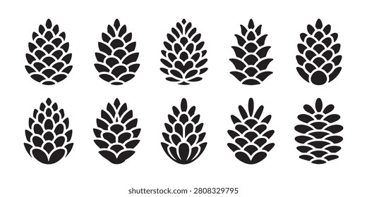 Set of ten vector black simple pinecone silhouettes, various shapes and sizes, natural design elements.