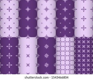 Set of Ten Vector Geometric Seamless Patterns Design with Purple Color. Elegant Pattern Collections for Decoration, Background, Gift, Wallpaper, Book, Ornament or Carpet.