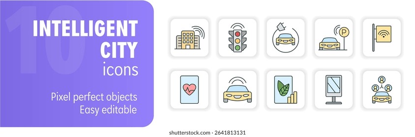 Set of ten vector icons representing various aspects of a smart city, highlighting technological advancements and sustainable urban living
