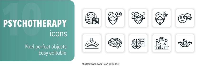 Set of ten vector icons representing different aspects of psychotherapy, exploring themes of mental well-being and emotional support