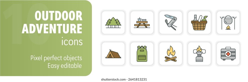 Set of ten vector icons representing various outdoor activities, perfect for illustrating camping, hiking, and wilderness exploration