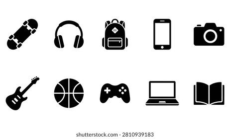 Set of ten vector icons showcasing various objects like a skateboard, headphones, backpack, smartphone, camera, electric guitar, basketball, game controller, laptop, and an open book. Perfect for illustrating leisure, education, and modern lifestyle themes.