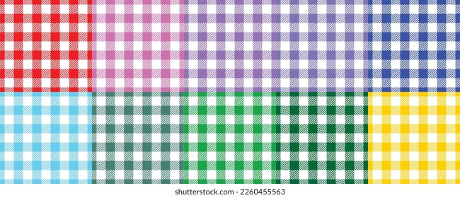 set diez ilustración vectorial De un patrón plaid, las líneas roja, púrpura, azul, verde, amarilla y rosa contrastan maravillosamente en un fondo blanco. Para el fondo y la moda textil y otros proyectos.