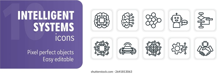 Set of ten vector intelligent systems icons representing artificial intelligence concepts, pixel perfect and editable stroke