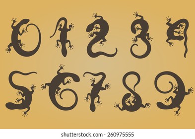 Set of ten vector numbers like lizards