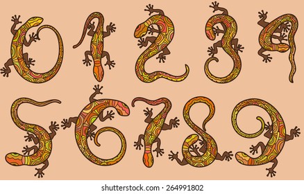 Set of ten vector numbers like lizards.