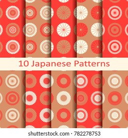 set of ten vector red japanese traditional circle floral patterns. design for covers, textiles, packaging