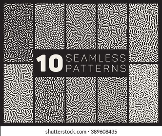 Set of Ten Vector Seamless Black and White Organic Rounded Jumble Maze Lines Patterns Abstract Background
