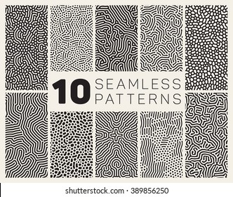 Set of Ten Vector Seamless Black and White Organic Rounded Jumble Maze Lines Patterns Abstract Background