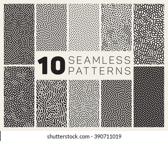 Set Ten Vector Seamless Black   White Organic Rounded Jumble Maze Lines Patterns Abstract Background