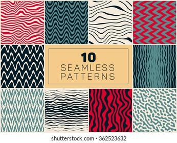 Set of Ten Vector Seamless Hand Drawn Rough Line Patterns In Blue Red Navy and White Colors Artistic Textures Bundle