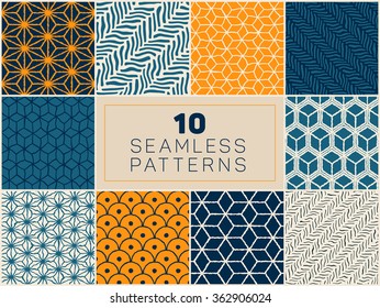 Set of Ten Vector Seamless Hand Drawn Rough Geometric Line Patterns In Blue Navy and Yellow Colors Artistic Textures Bundle