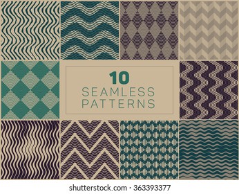 Set of Ten Vector Seamless Hand Drawn Rough Engraving Line LinoCut Patterns In Green Grey and Navy Colors Abstract Background