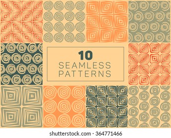 Set of Ten Vector Seamless Hand Drawn Geometric Square Circular Lines Patterns In Orange Tan and Green Colors Abstract Background