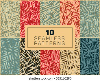 Set of Ten Vector Seamless Organic Rounded Lines And Drips Biological Patterns In Blue Red and Tan Colors Abstract Background