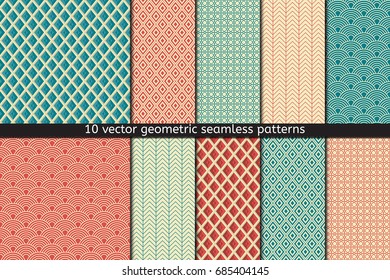 Set of Ten Vector Seamless Patterns In Blue and Red Colors. textile fabric
