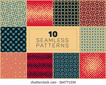 Set of Ten Vector Seamless Wavy Lines Geometric Irregular Halftone Retro Patterns In Red Tan and Navy Colors Abstract Background