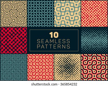 Set of Ten Vector Seamless Wavy Lines Truchet Irregular Halftone Patterns In Red Tan and Navy Colors Abstract Background