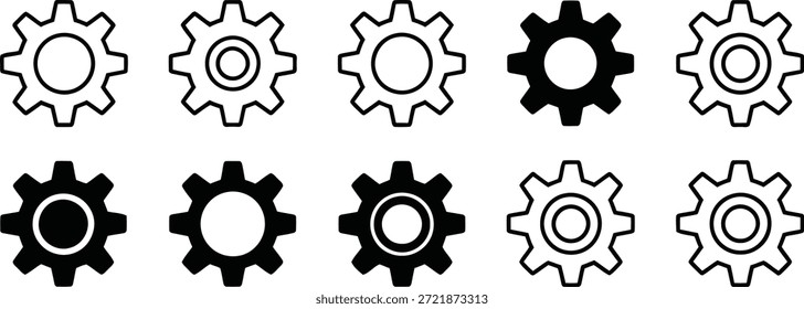A set of ten versatile gear or cogwheel vector icons for settings, preferences, and mechanical operations in applications.