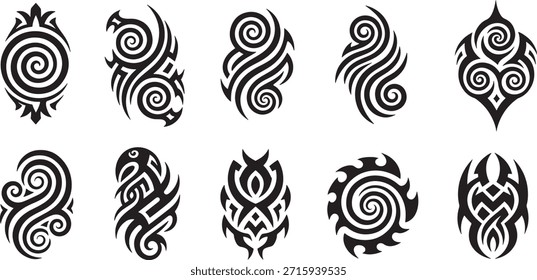 Un conjunto de diez Verticales tribales negras con elegantes motivos en espiral y líneas curvas sobre un fondo blanco limpio.