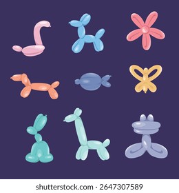 Conjunto de dez ícones vibrantes de animais de balão adequados para produtos infantis, decoração de festas ou elementos de marca divertidos.