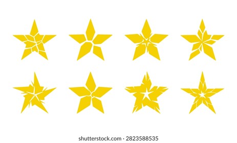 A set of ten vibrant yellow star icons with varying designs, ideal for decoration, ratings, or highlighting features in digital and print media.