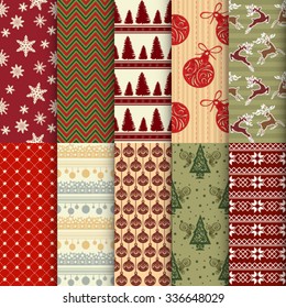A set of ten vintage seamless Christmas and New Year patterns for fabric, print, web, packaging and product design.