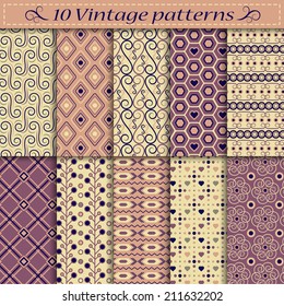 Set of ten vintage vector seamless patterns. Endless texture can be used for web design, printing onto fabric and paper or scrapbooking. Swatches included